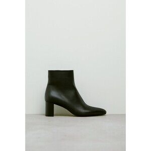 Black Zara Leather Mid-Heel Almond Toe Ankle Boots (NWT)